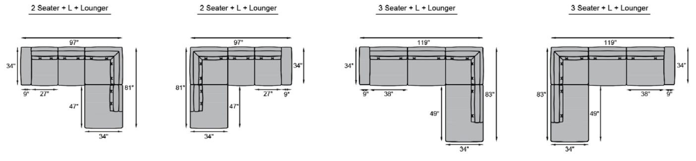 2 seater + L + Lounger, 3 seater + L + Lounger