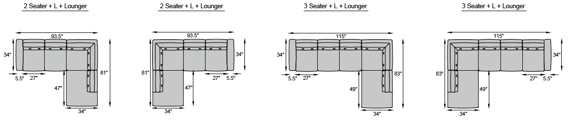 2 Seater + L + Lounger, 3 Seater + L + Lounger
